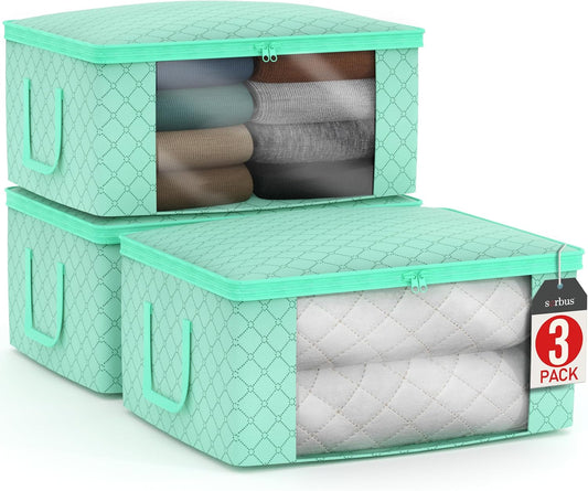 Sorbus Foldable Storage Bag Organizers, Large Clear Window & Carry Handles, Great for Clothes, Blankets, Closets, Bedrooms, and more (3-Pack, Teal)