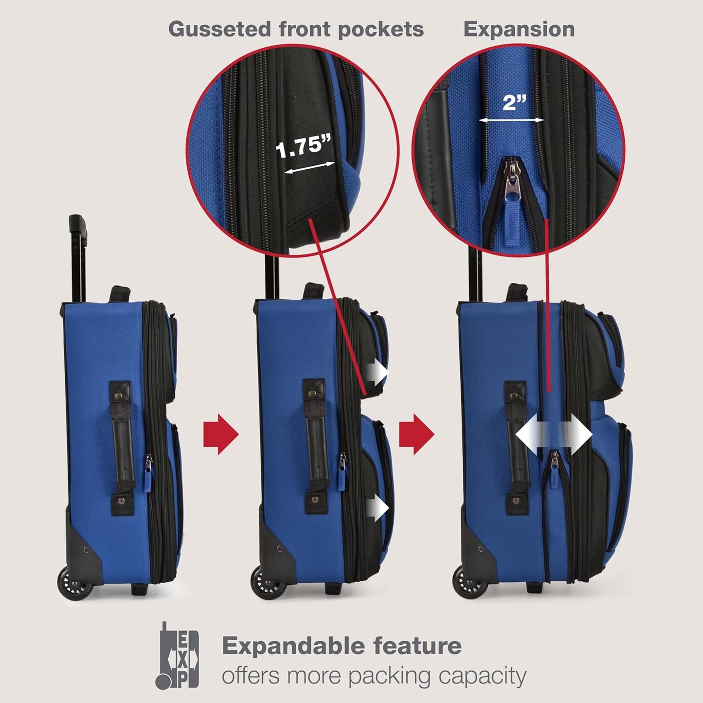 U.S. Traveler Rio Softside Expandable Carry-on Rolling Luggage, Royal Blue, 2 Wheel Set