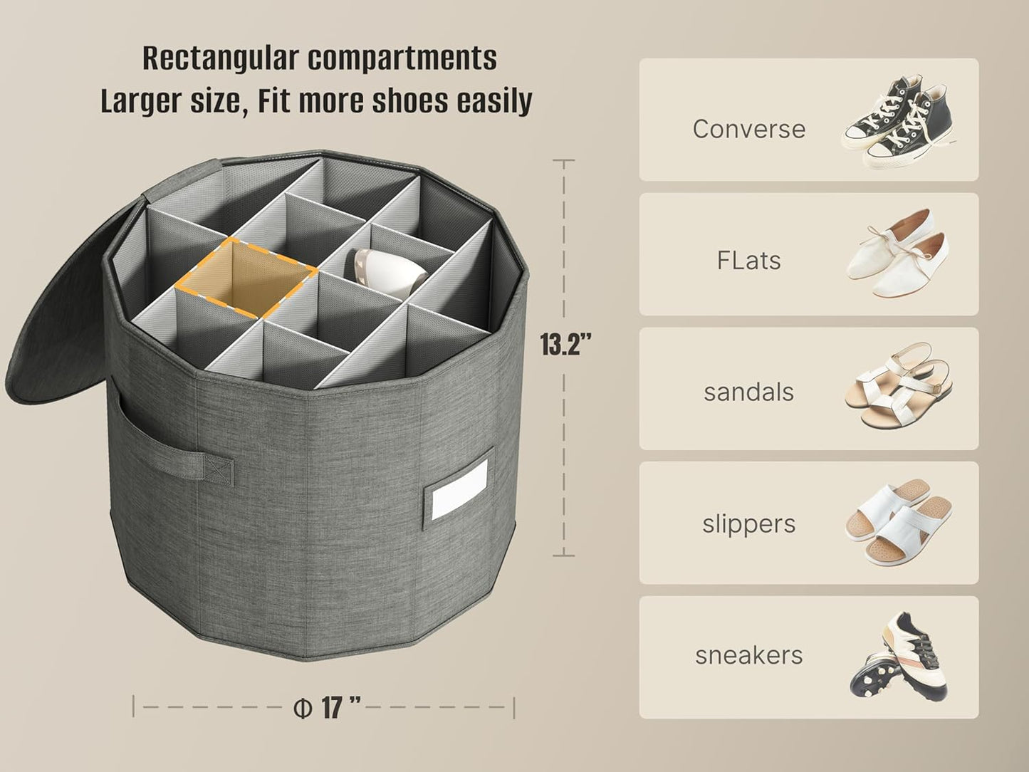 Vailando Shoe Organizer for Closet - Cylindrical Shoe Storage Organizer with Removable Dividers, Rectangular Compartment, Foldable, Gray, 1-Pack