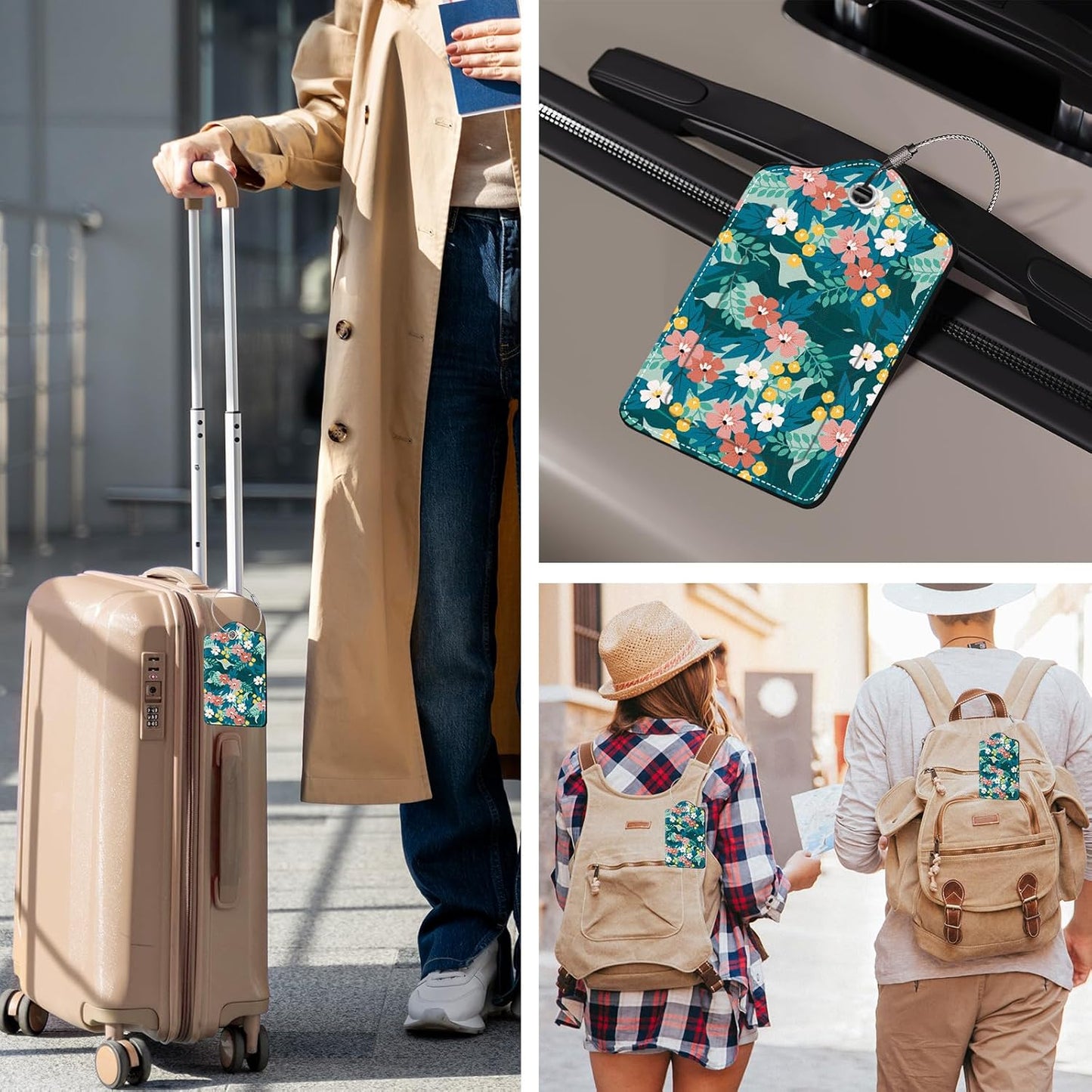 2 Pcs Floral Luggage Tag for Suitcases, Green Luggage Tags PU Leather Luggage Tag Name ID Labels with Privacy Cover Suitcases Women Fun Laggage Tags