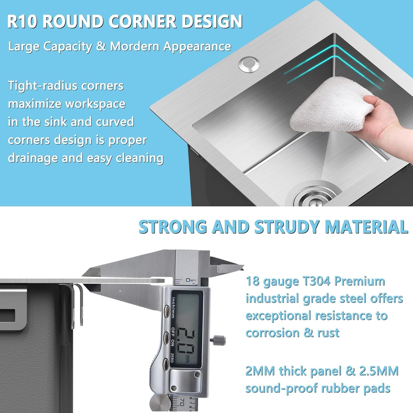 15 x 15 inch Drop in Bar Sink, Small Topmount Kitchen Sink Single Bowl 18 Gauge Stainless Steel Bar Sinks with Basket Strainer Drain