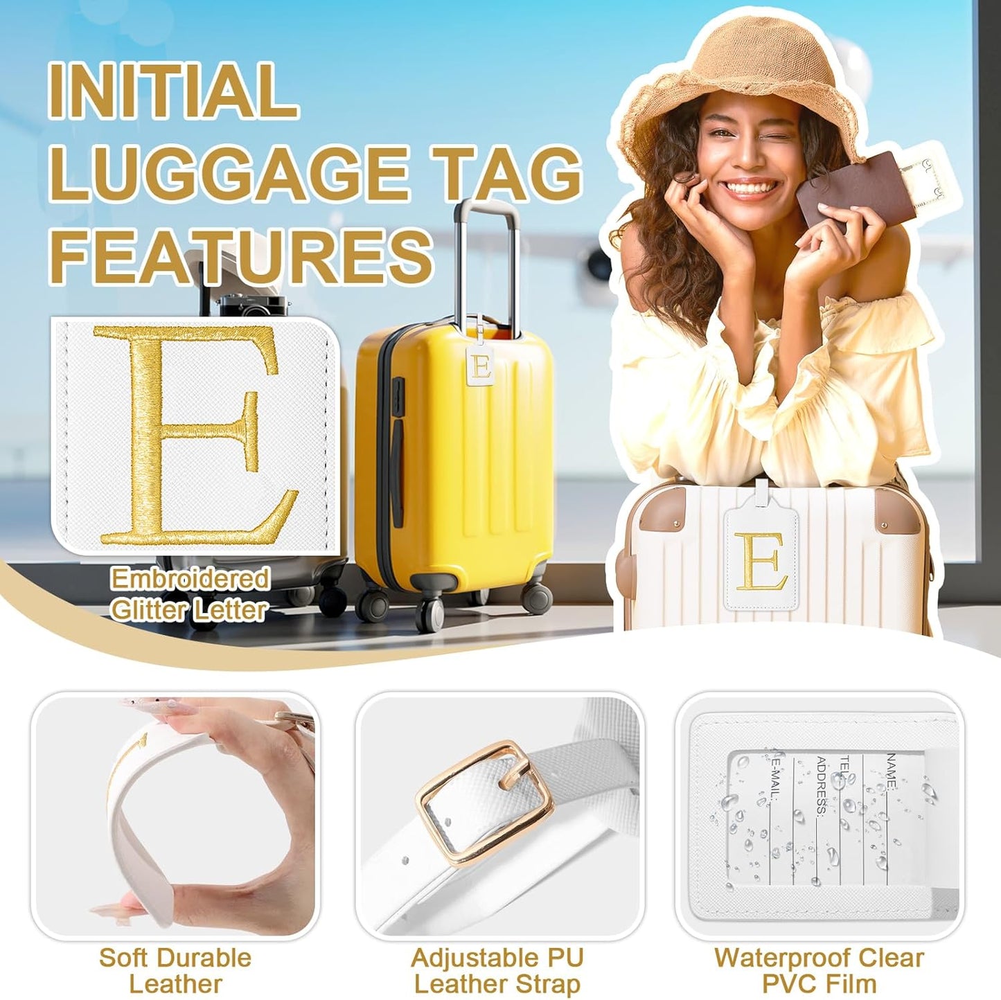 Personalized Initial Luggage Tags for Suitcase TSA Approved, White Leather Cute Luggage Tag with Privacy Cover Name Card, Embroidered Custom Luggage Tags Travel Baggage Tags Gifts for Women Kids(E)