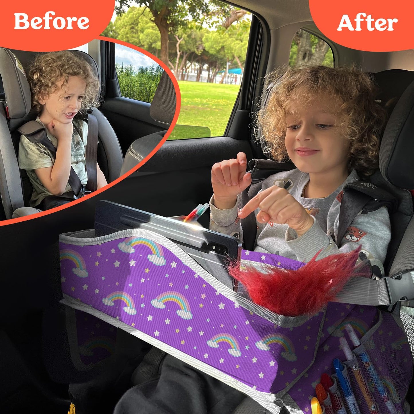 PILLANI Kids Travel Tray for Car - Car Seat Tray for Kids Travel, Road Trip Essentials Must Haves - Carseat Table Roadtrip Activities - Toddler Lap Desk Organizer for Airplane - Kids Travel Essentials