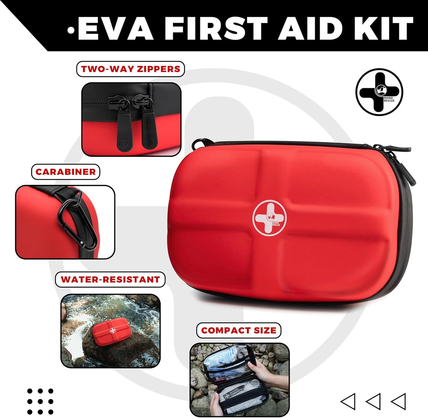 RHINO RESCUE EVA First Aid Kit, Small Waterproof Portable Emergency Hiking First Aid Kit for Backpacking, Medical Kit for Travel, Home, Car, College Dorm, Camping, Boat, Back to School (Red)