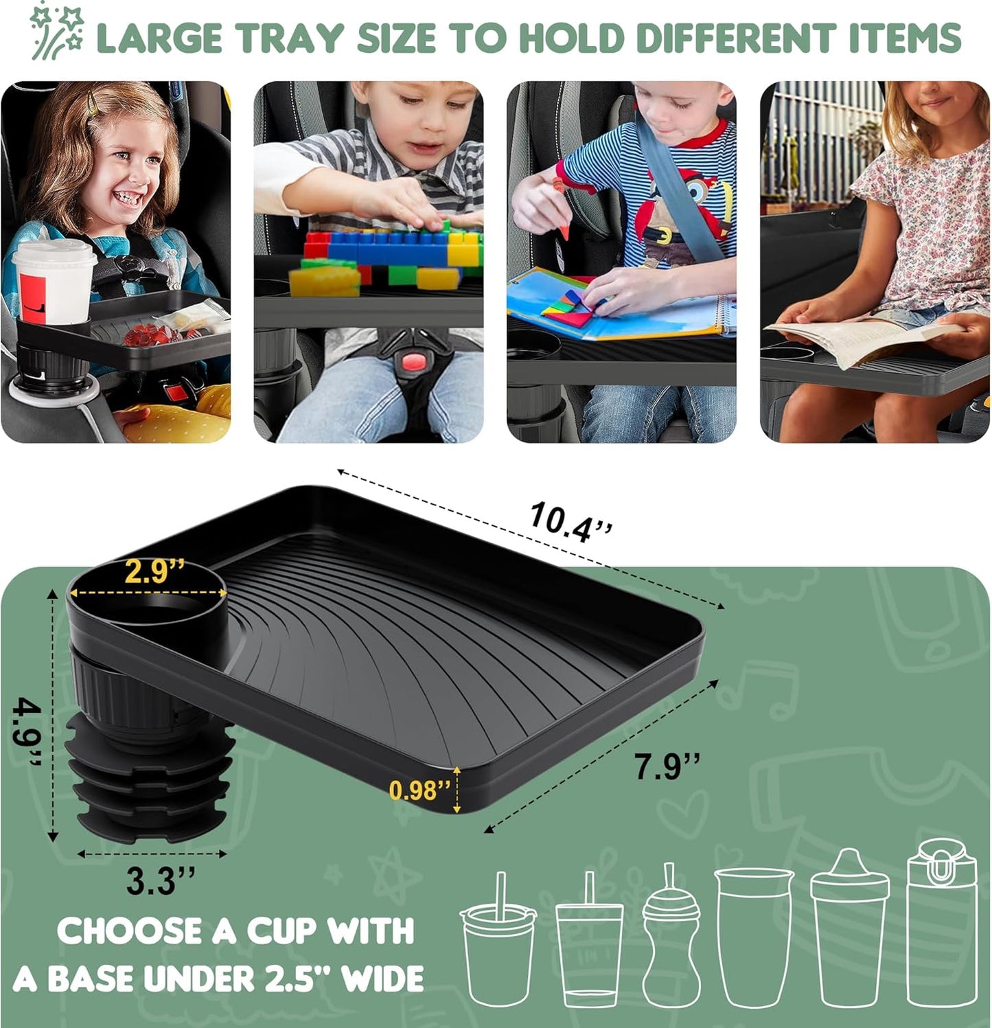 Upgraded Car Seat Tray for Kids Car Seat Tray with Expandable Base for Snacks, Toys, Books, Entertainment Kids Travel Essentials Fits 2.8''-3.2'' Cup Holders (1, Standard Base)