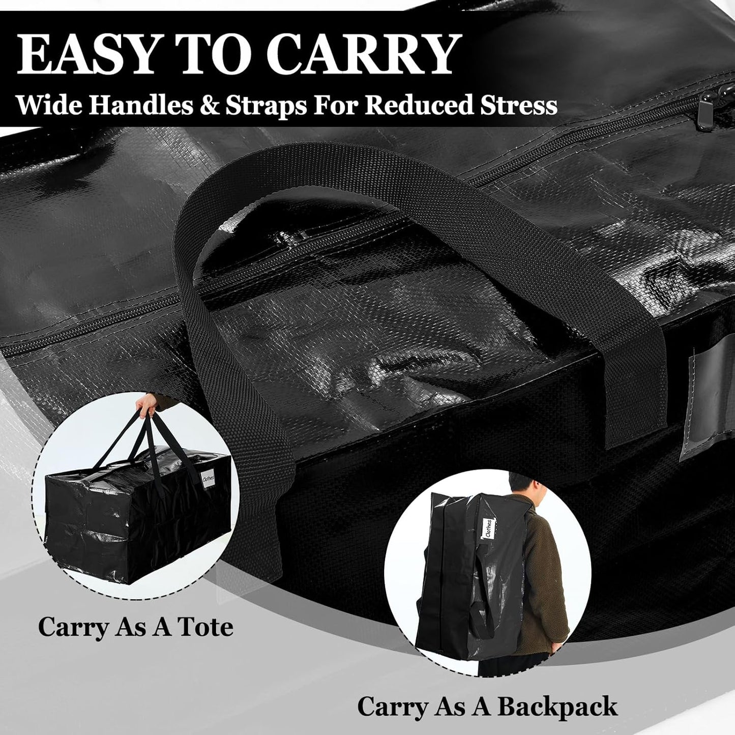 4 Pcs 24 Gallon Large Moving Bags with Zipper and Handles Foldable Storage Duffle Bags Heavy Duty Extra Large Totes for College Dorm Travel Clothes Blankets Bedding Moving (Black)