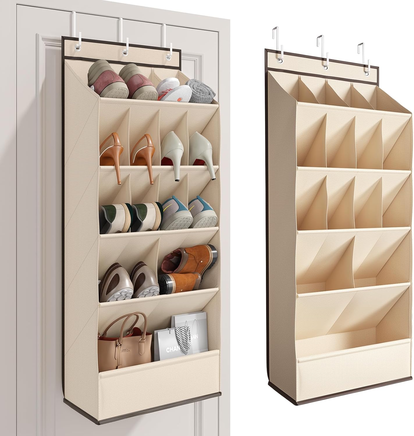 Over the Door Shoe Organizer for Closet, Shoes Rack for Closet with 15 Large Pockets, Hanging Shoe Organizers for Boot Storage, Behind the Door Narrow Shoe Holder for Small Shoes, Beige