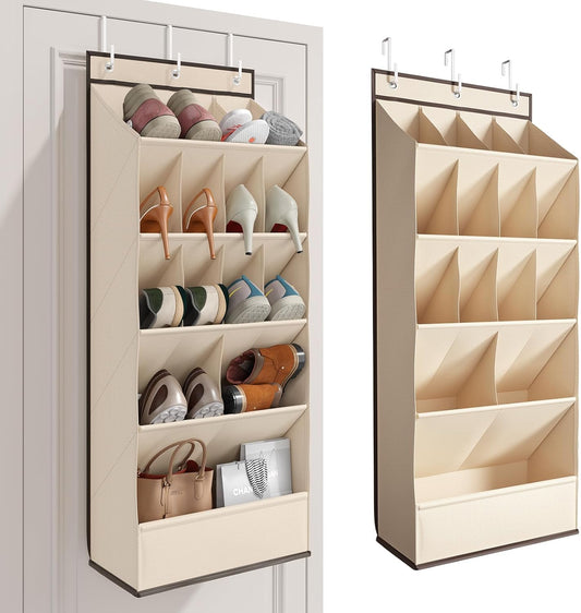 Over the Door Shoe Organizer for Closet, Shoes Rack for Closet with 15 Large Pockets, Hanging Shoe Organizers for Boot Storage, Behind the Door Narrow Shoe Holder for Small Shoes, Beige
