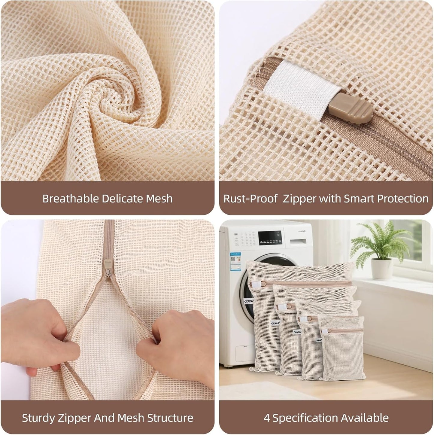 100% Cotton Mesh Laundry Bags, Premium Soft, No Dye, Set of 4, Natural