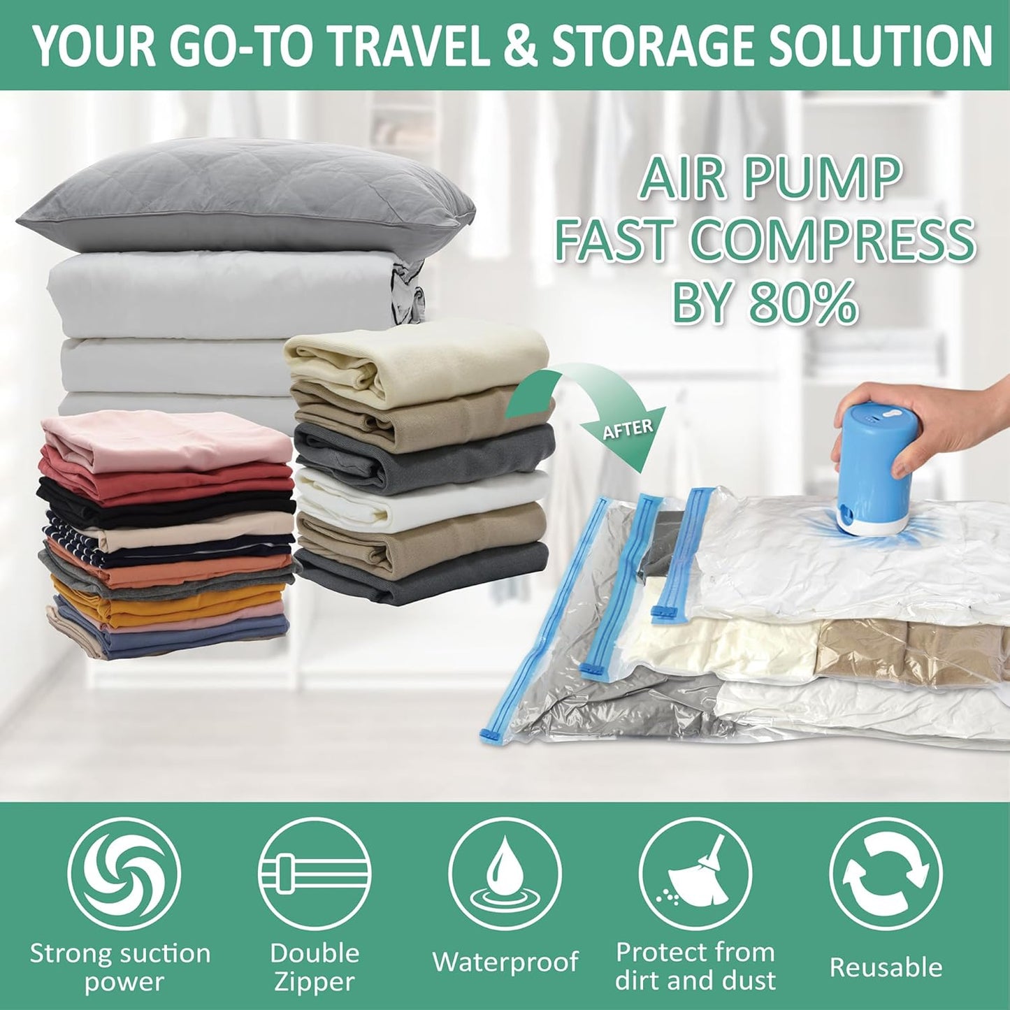 Cozy Essential 35 Pack Vacuum Storage Bags with Electric Pump, Vacuum Seal Space Saver Bags for Clothing, Pillows, Blanket, Bedding, Comforters