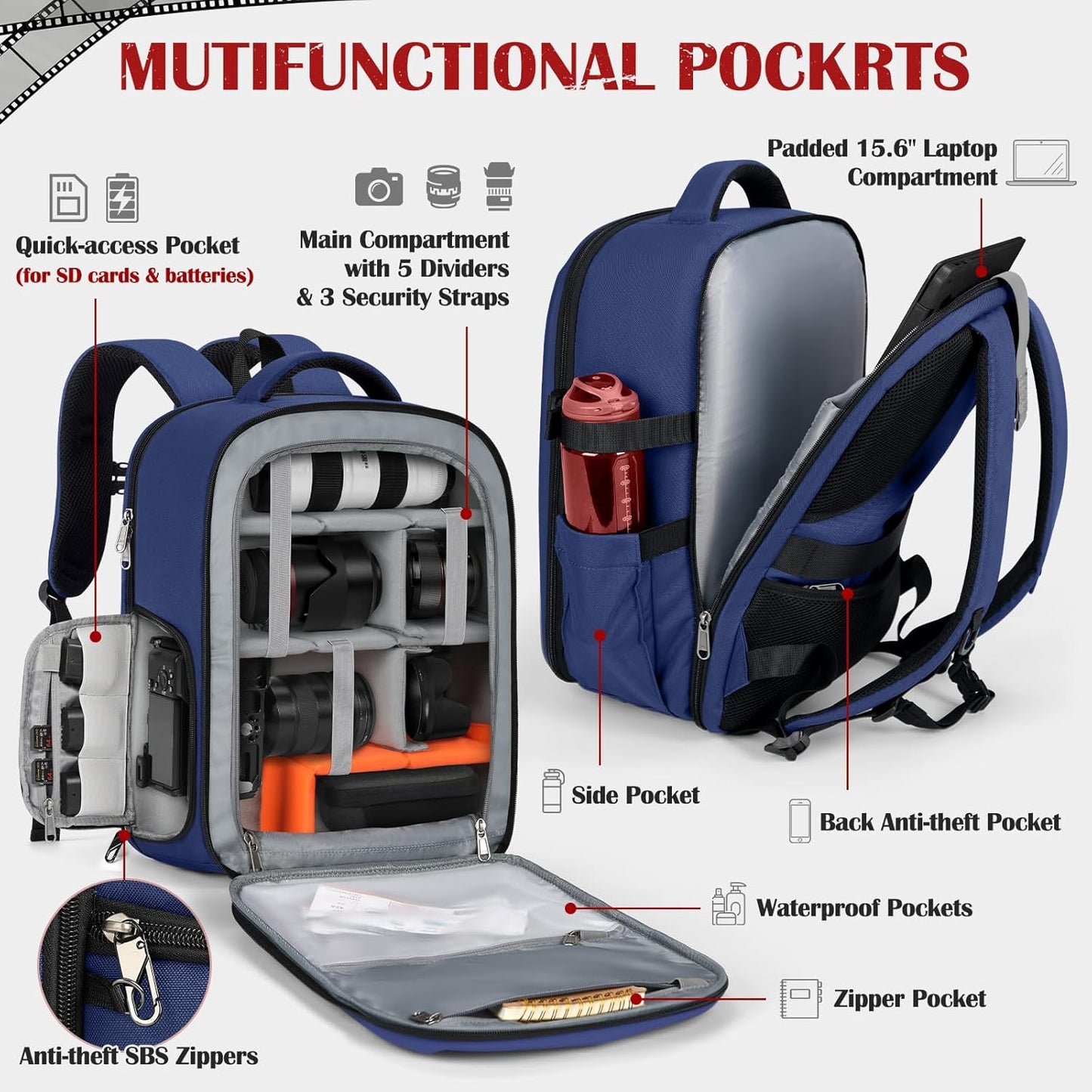 SDYSM Camera Backpack, Large Camera Bag for Photographers Professional DSLR/SLR Mirrorless Camera Case Compatible for Sony Canon Nikon, Blue