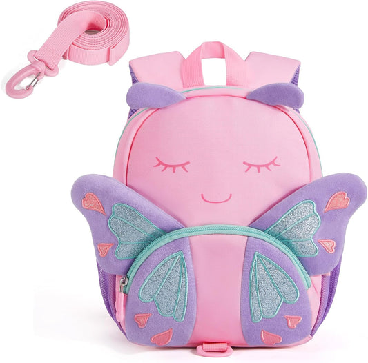 mommore Toddler Backpack for Girls 2-4, 3D Cartoon Cute Kids Backpack Water-Resistant Compact for Travel Preschool with Toddler Leash, Chest Buckle, Butterfly