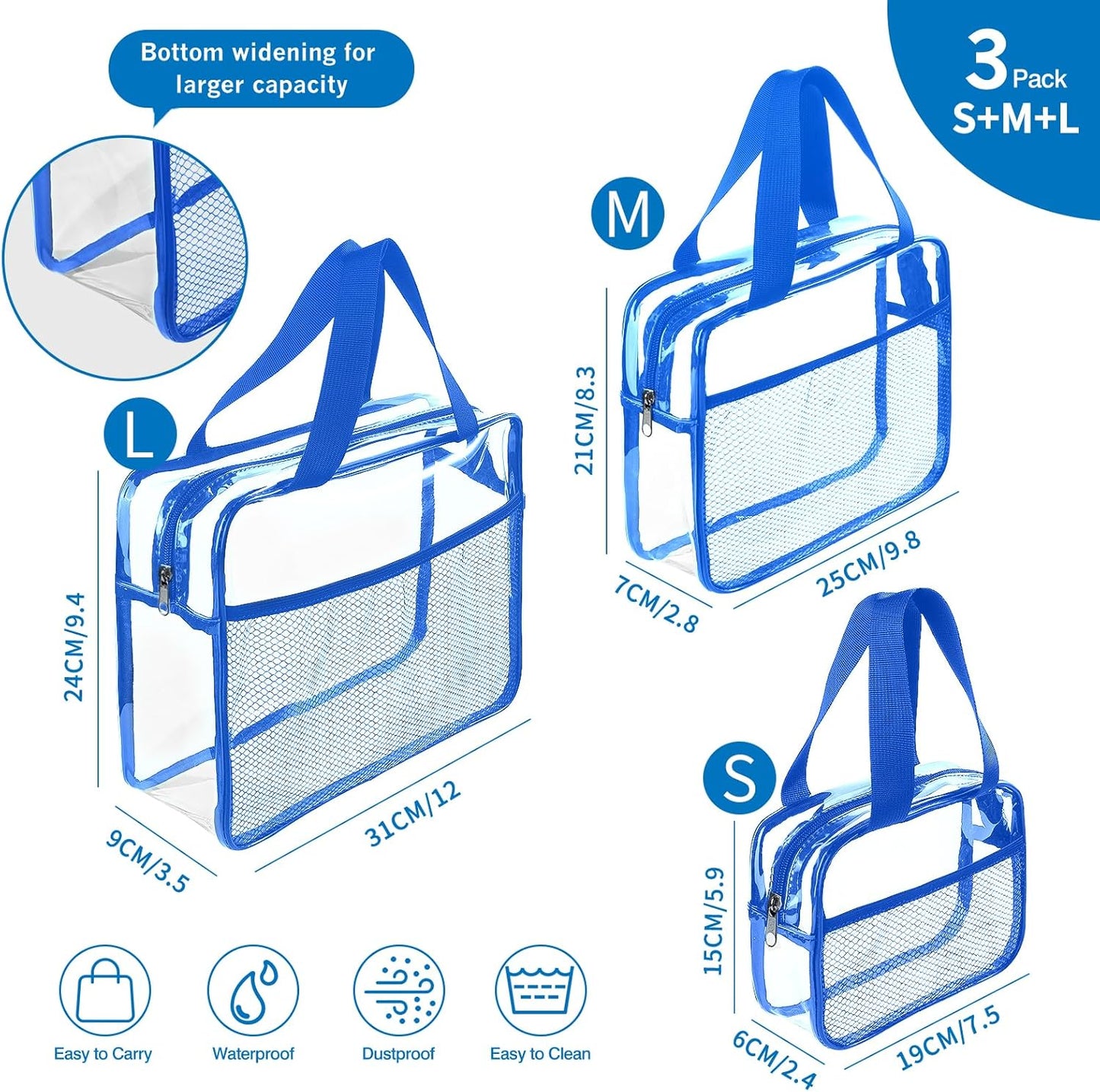 XEWEA Clear Travel Toiletry Bags, 3 Pack TSA Approved Transparent Makeup Bag for Men Women, Large Waterproof PVC Quart Organizer with Zipper for Toiletries Airline Essentials,Toy Storage Pouch Blue