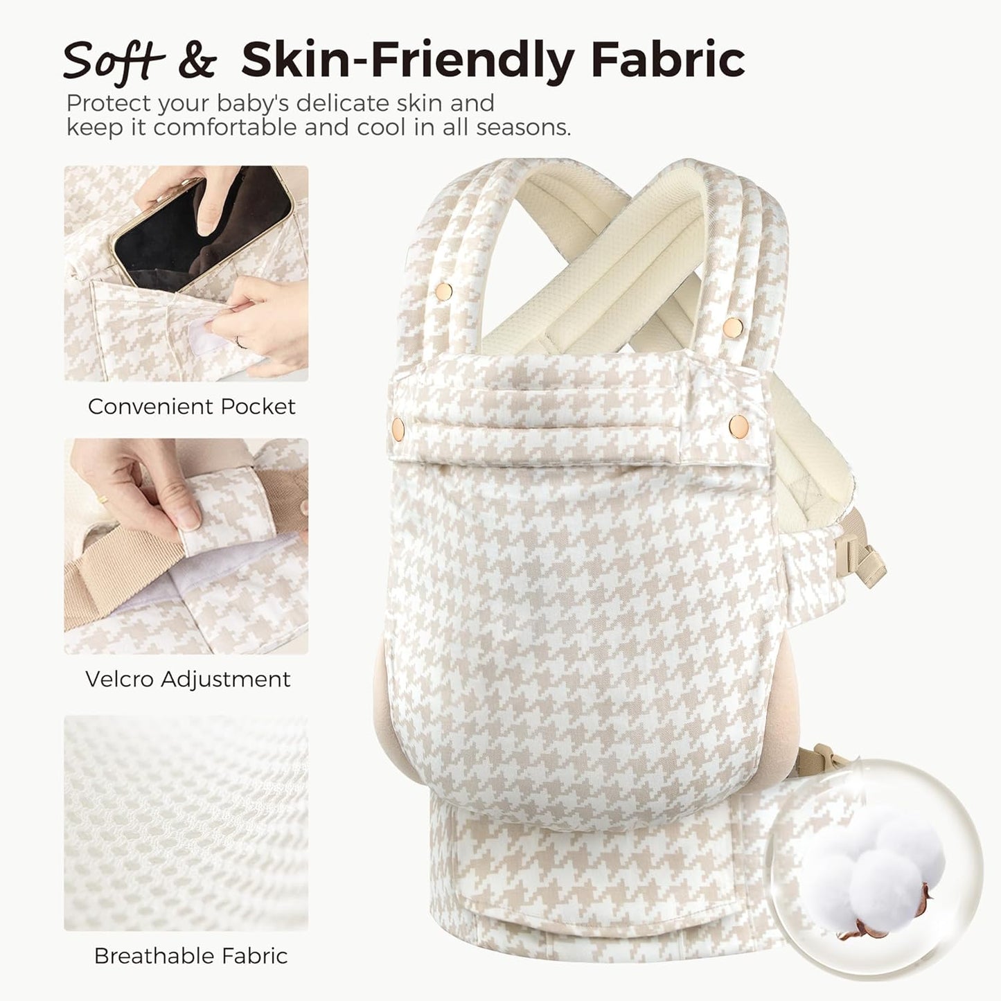 Baby Carrier Newborn to Toddler- Ergonomic,Cozy and Lightweight Infant Carrier for 7-40lbs,3 Carry Positions Newborn Carrier,Black Houndstooth