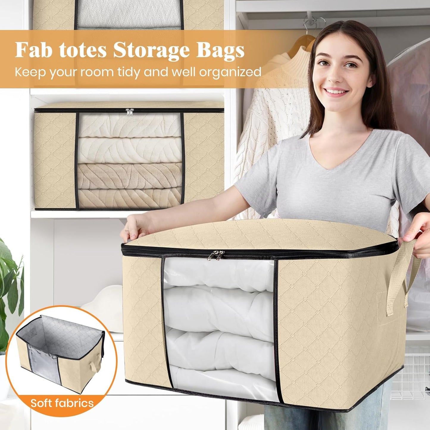 Fab totes 8 Pack Clothes Storage, Foldable Thick Fabric Blanket Storage Bags, Containers for Organizing Bedroom, Closet, Clothing, Comforter, Organization with Handle,Beige