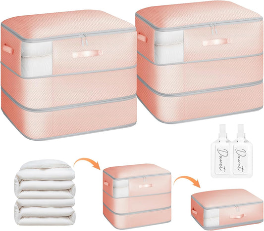 2 Pack Compression Storage Bags - 110L Large Capacity Comforter Storage Bag, 3-Layer Washable Ultra Space Saving Self Compression Organizer Space Bags for Blankets, Sweaters, Sheets, Pink
