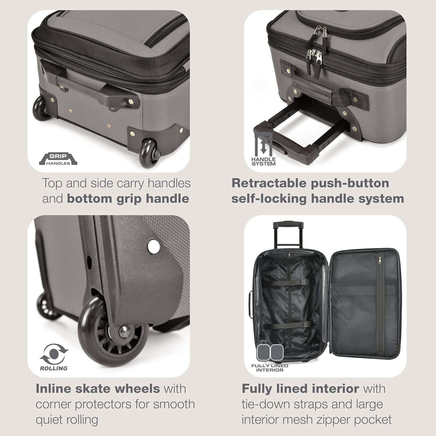 U.S. Traveler Rio Fabric Expandable Carry-on Luggage, Rolling Suitcase, Grey, 2 Wheel Set