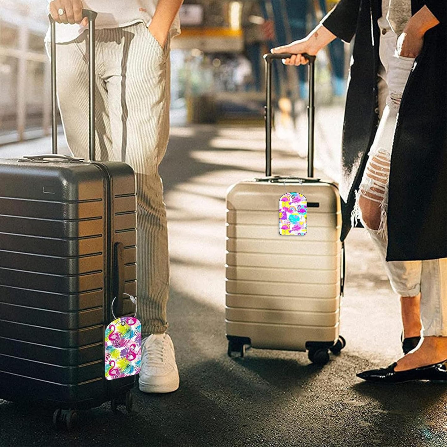 2 PCS Leather Luggage Tag for Suitcase Tropical Leaf and Flamingo Travel Suitcase Labels with Privacy Name ID Label and Stainless Steel Loop for Adults Teens Travel Bag Labels Set