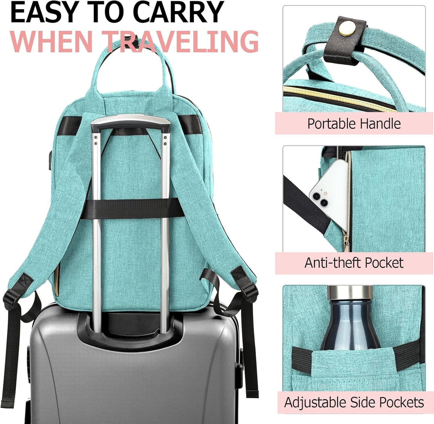 Laptop Backpack for Women, High School Bookbag for Girls with USB Port Charging, 15.6 Inch Water Resistant Computer Bag for Work, Travel College Back Pack Purse Gifts for Student Teacher, Light Green