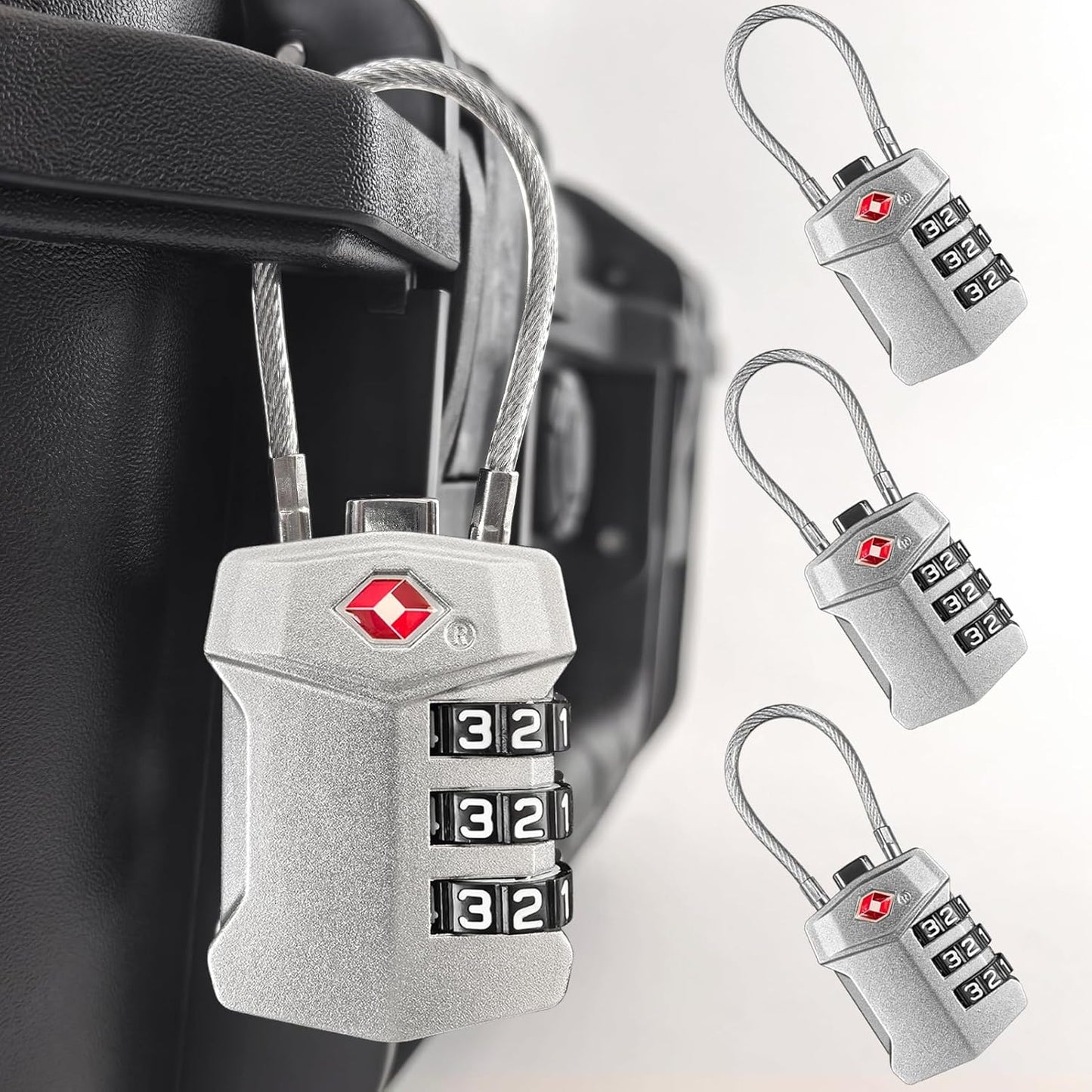 4 Pack TSA Approved Travel Luggage Locks, Cable Combination Lock, 3 Digit Padlock, Alloy Steel Cut-Resistant Cable, Weatherproof Zipper Lock for Gun/Suitcases, Backpacks, Gym Lockers, Golf Bags-NO KEY