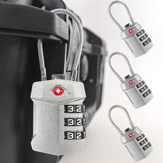 4 Pack TSA Approved Travel Luggage Locks, Cable Combination Lock, 3 Digit Padlock, Alloy Steel Cut-Resistant Cable, Weatherproof Zipper Lock for Gun/Suitcases, Backpacks, Gym Lockers, Golf Bags-NO KEY