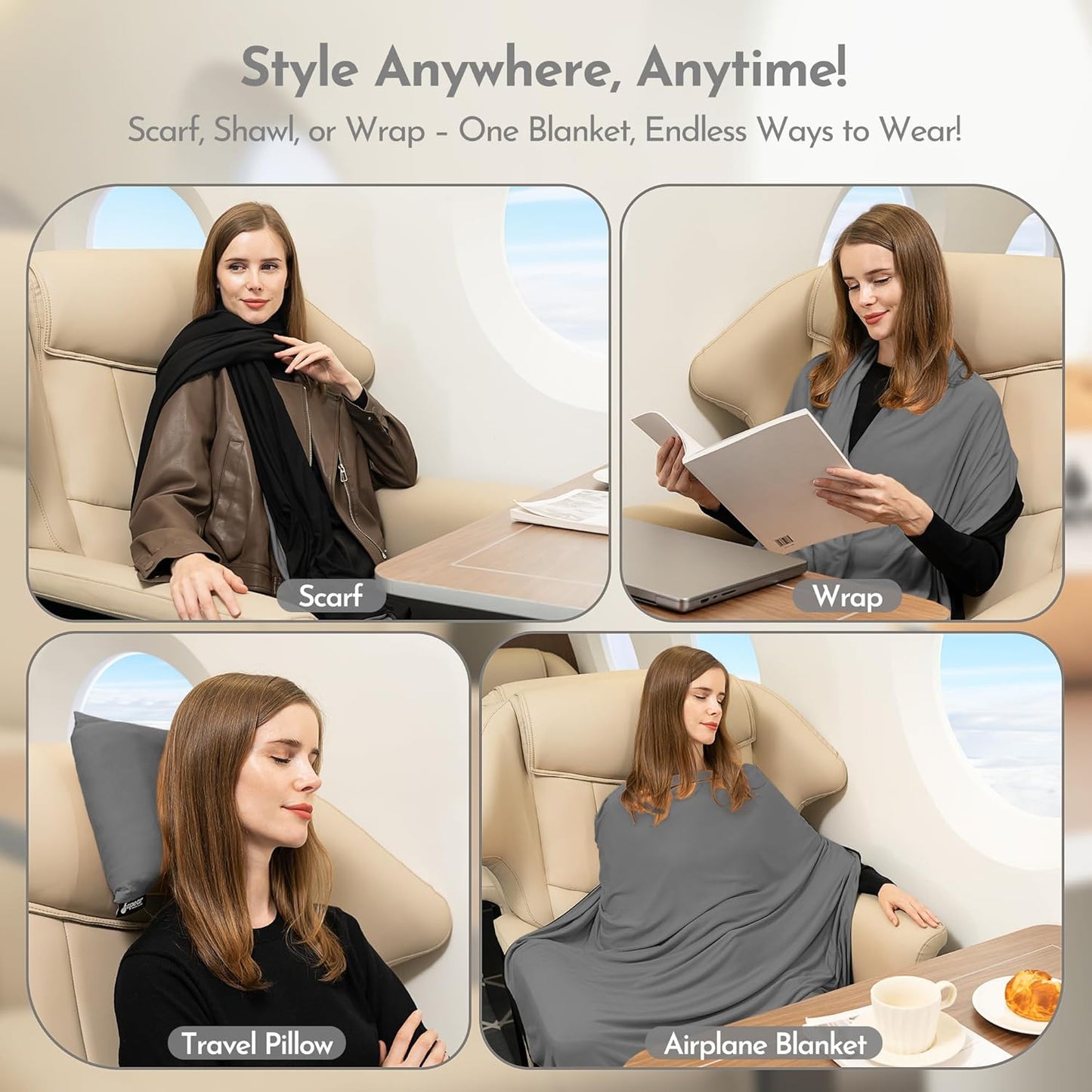 16-in-1 Compact Travel Blanket with Bag – Reversible, Ultra Soft Bamboo Airplane Blanket with Hidden Pocket - Lightweight & Packable for Flights, Camping, Picnic, Travel Essentials