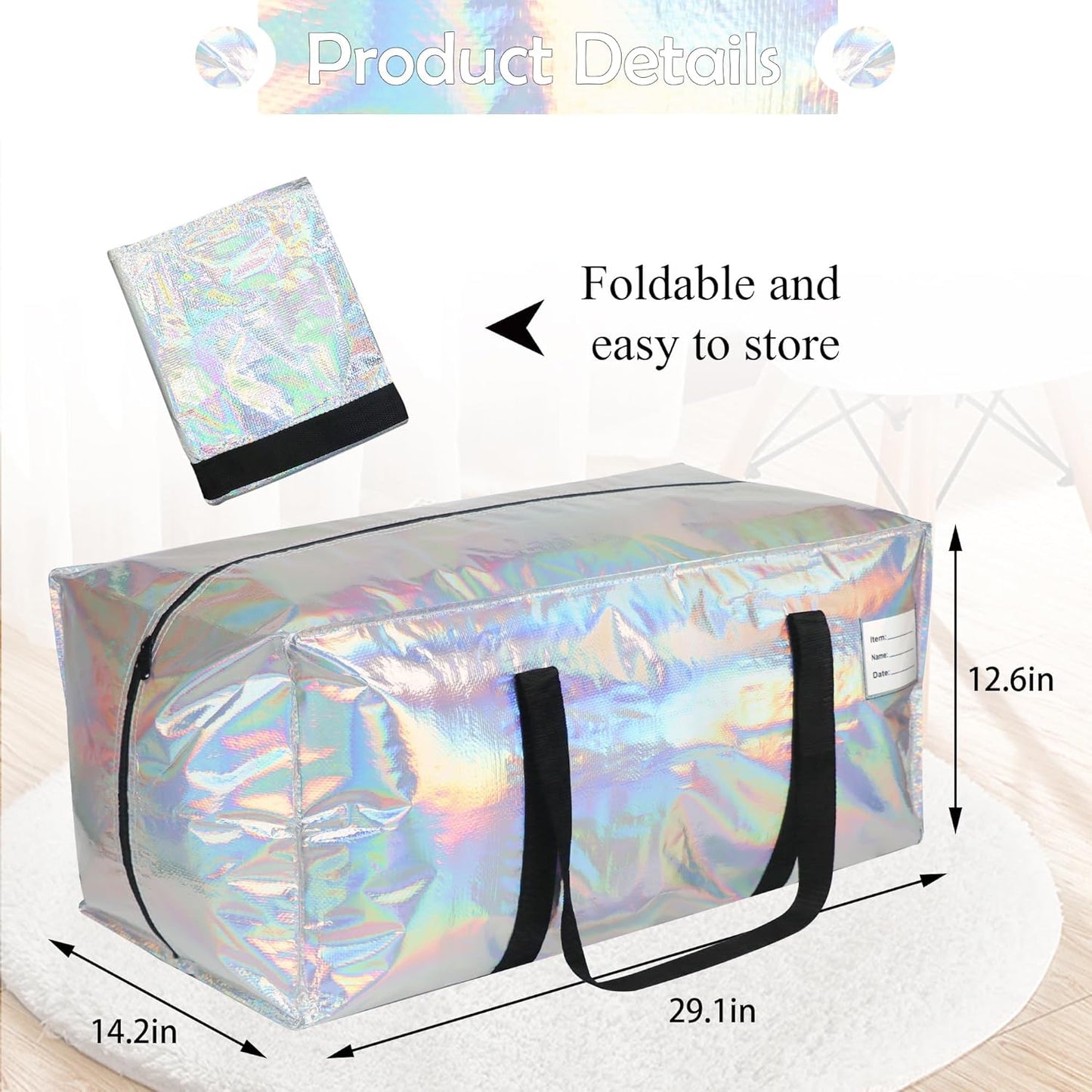 4 Pack Heavy Duty Moving Bags Extra Large Waterproof Foldable Clothing Storage Totes Bags with Zipper,Reinforced Handles,Packing Moving Boxes for Dorm & Seasonal Storage,Iridescent