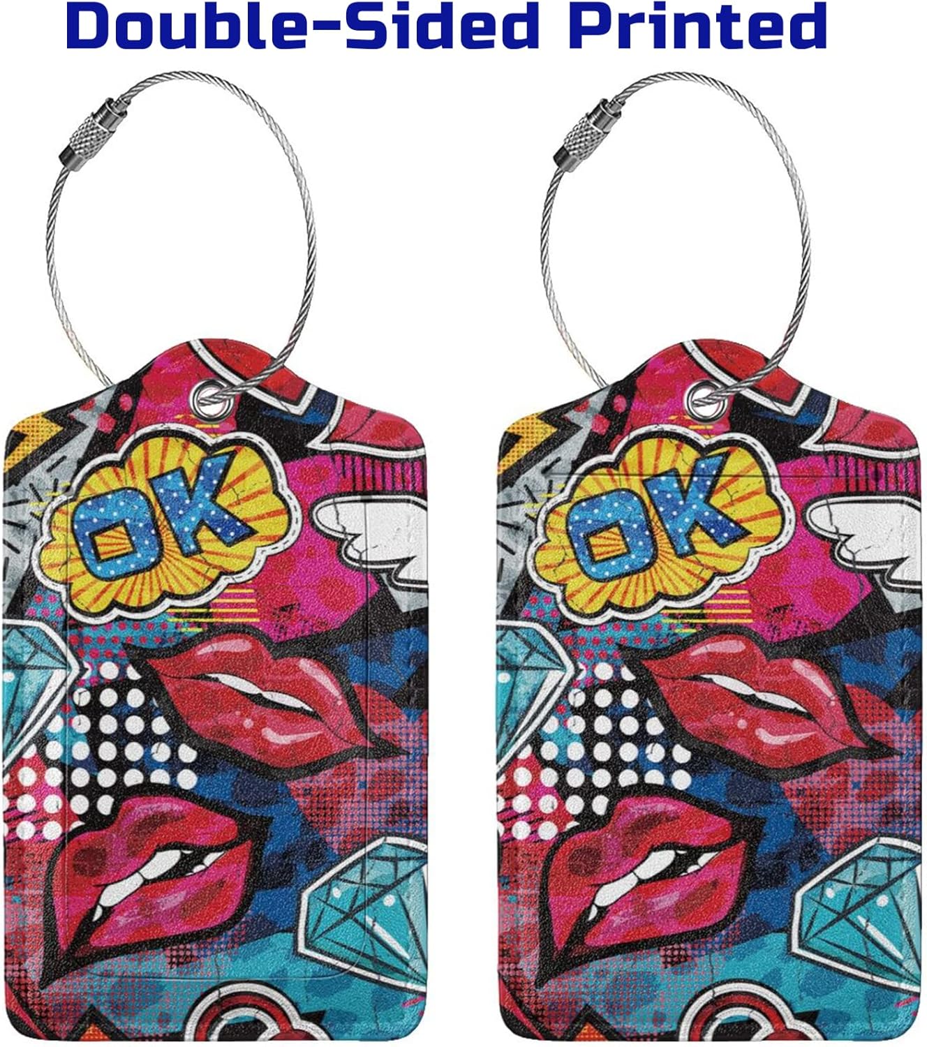 2 Pack Funny Luggage Tags with Red Lips Pattern for Suitcases, Colorful PU Leather Luggage Tag Accessories Privacy Cover ID Label with Stainless Steel Loop for Travel Bag for Women Girls Teens