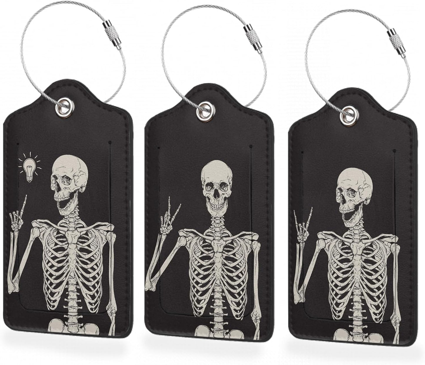 3 Pack Luggage Tag for Suitcase,Rock Roll Skeleton Leather Luggage Tags with Privacy Cover Name ID Label Identifiers Travel Bag Tags for Women Men Boys Girls