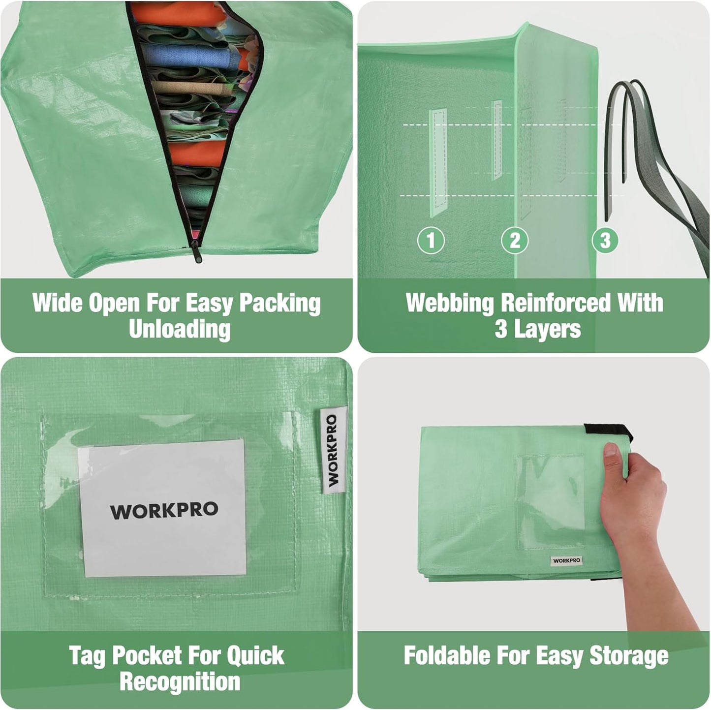WORKPRO 6 Pack Extra Large Moving Bags with Zippers & Carrying Handles Backpack Straps, Heavy-Duty Storage Tote for Space Saving & Storage, Alternative to Moving Box (Green)