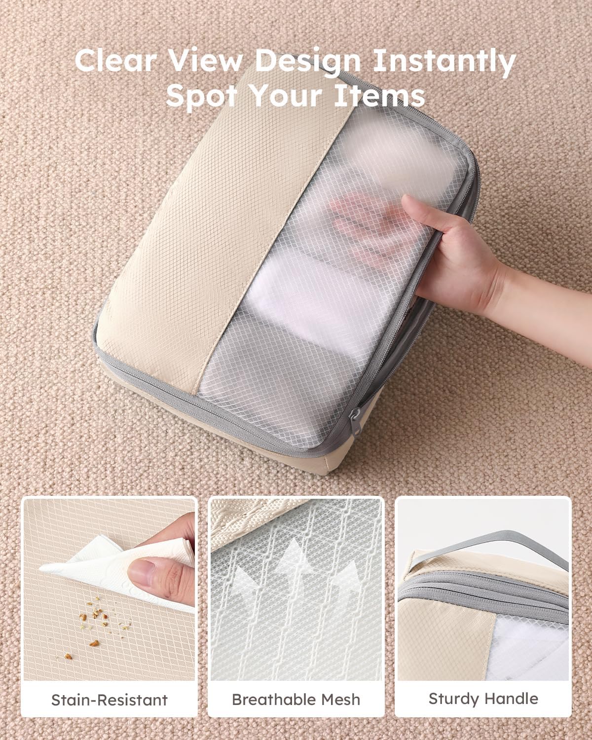 6 Set Compression Packing Cubes for Travel, Bonus Versatile Drawstring Backpack, Lightweight Luggage Organizer Bags, Sturdy Travel Accessories for Suitcase, Beige