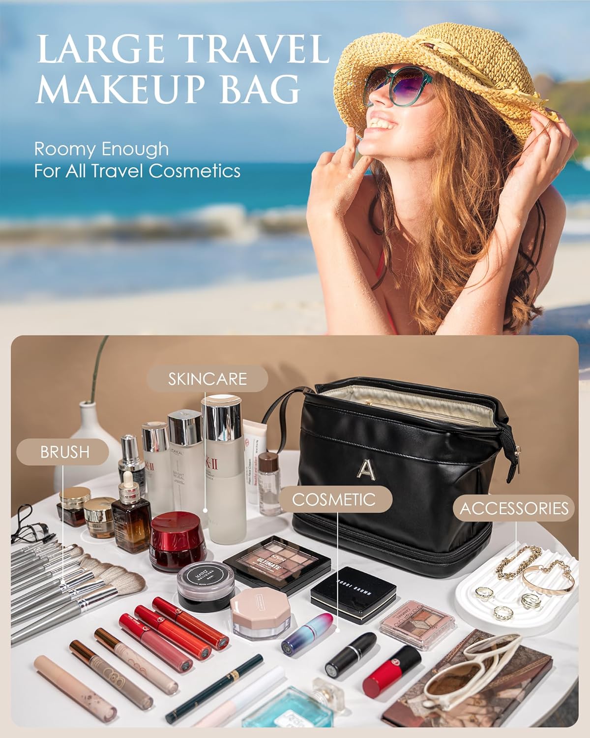 Girlfriend Gifts, Personalized Makeup Bag, Initial Double Layer Cosmetic Bag with Makeup Brush Organizer, PU Leather Travel Toiletry Bag Gifts for Women Her Friend Sister Mom Gifts