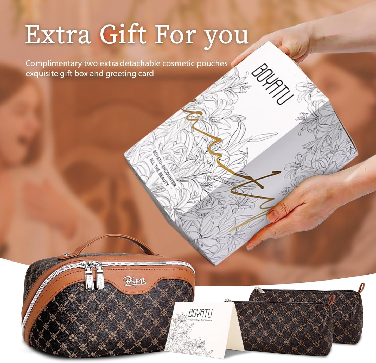 BOYATU Travel Makeup Bag Cosmetic Bags for Women: 3 Pcs Set Large Portable Make up Bag with Handle - Vegan Leather Toiletry Bags with Compartments - Makeup Organizer for Travel Essentials(01-Coffee)