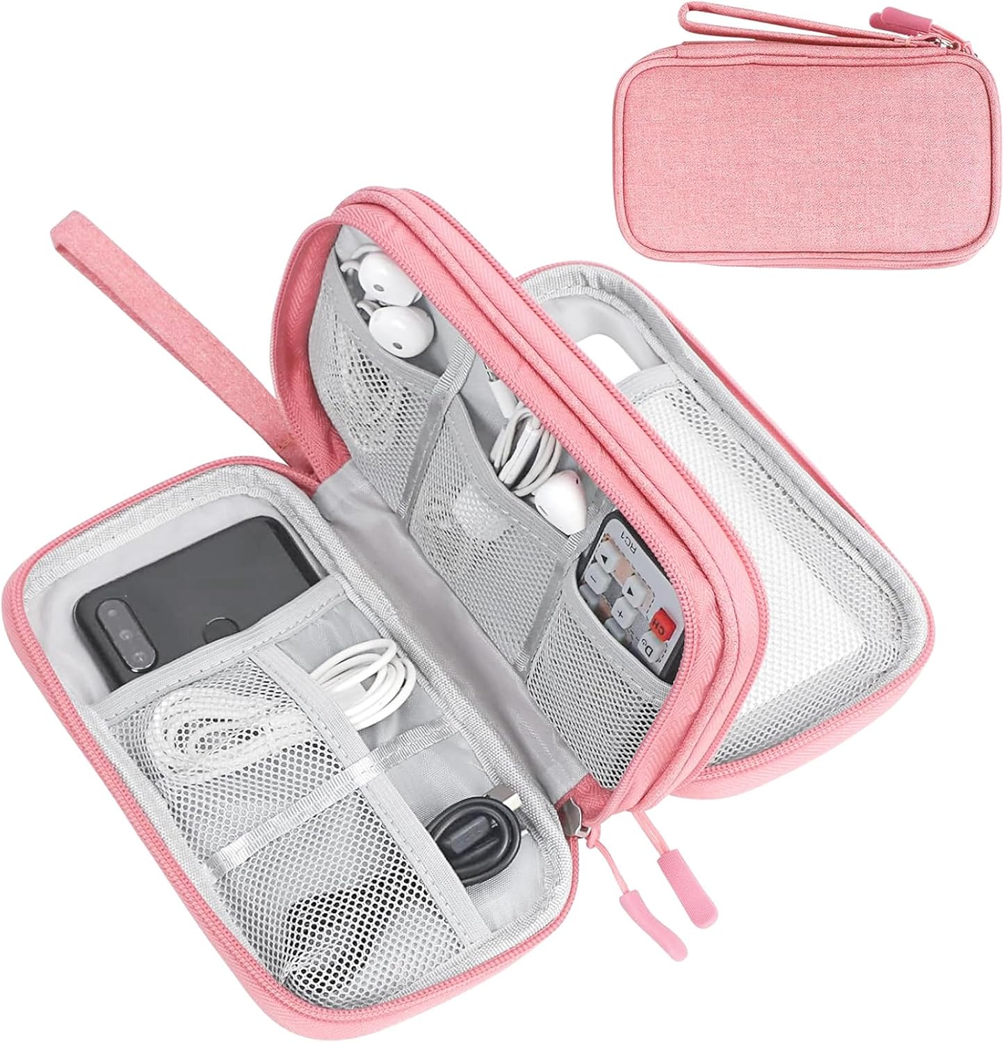 FYY Electronic Organizer, Travel Bag, Pouch, Carry Case Portable Waterproof Double Layers for Cable, Cord, Charger, Phone, Earphone Pink