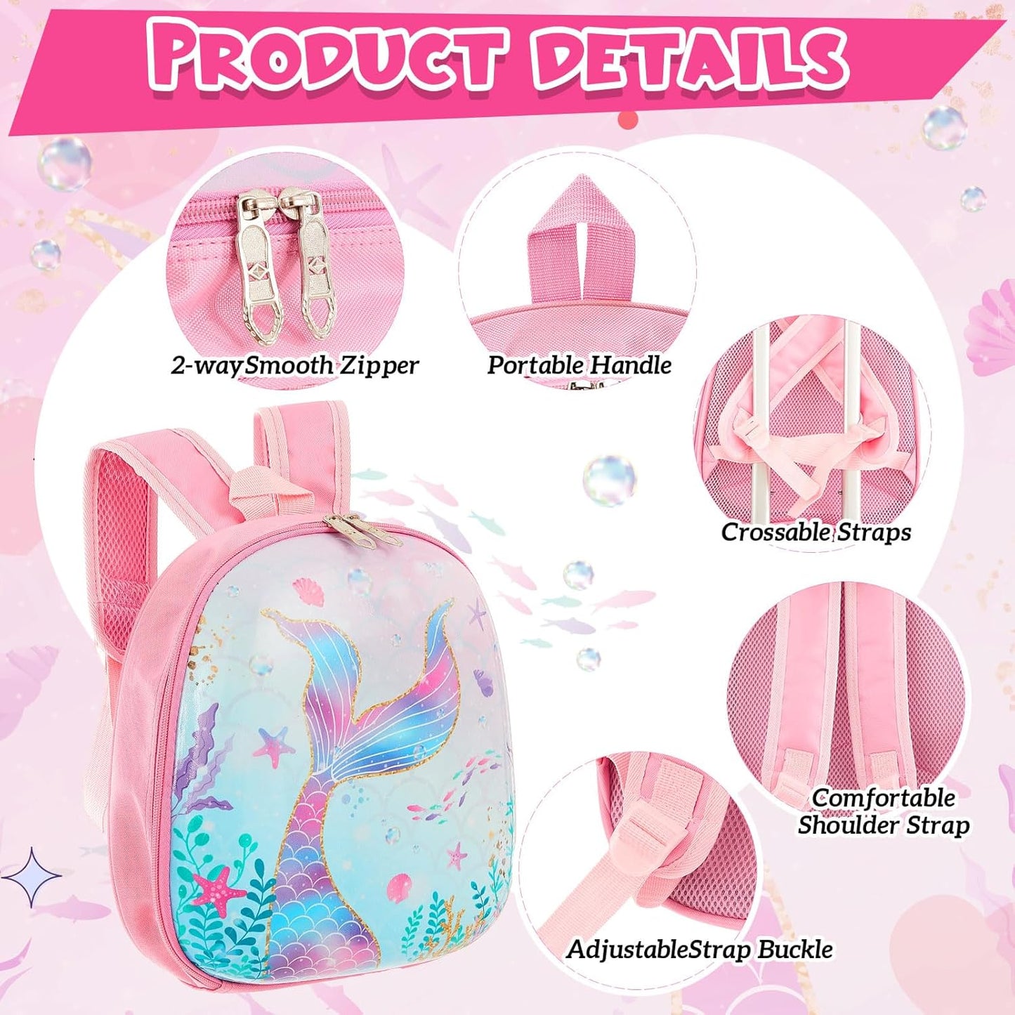 Sanwuta 4 Pcs Kids Luggage Set Kids Backpack Travel Rolling Suitcase with Wheels U-shape Pillow Childrens Gift for Girls Boys(17 Inch,Mermaid's Tail Style,Blue Purple)