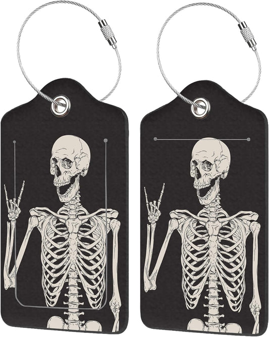 2 Pack Luggage Tag for Suitcase,Human Skeleton PU Leather Suitcase Tags Identifiers with Privacy Name Address Labels and Durable Steel Loop for Women Men Travel
