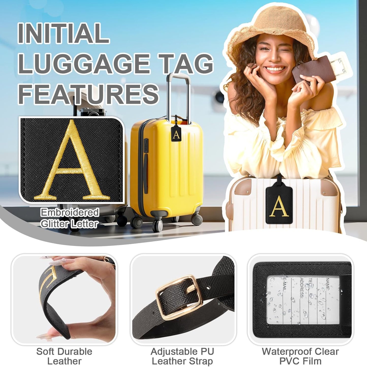 Personalized Initial Luggage Tags for Suitcase TSA Approved, Black Leather Cute Luggage Tag with Privacy Cover Name Card, Embroidered Custom Luggage Tags Travel Backpack Tags Gifts for Women Kids(A)