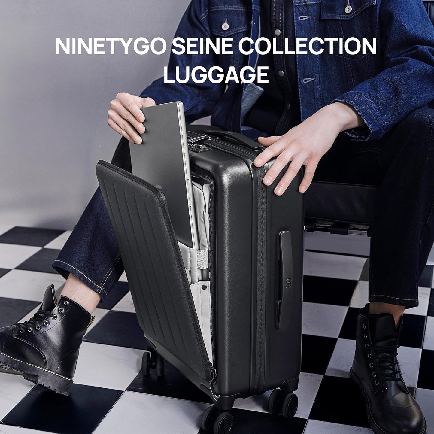 NINETYGO Carry on Luggage 22X14X9 Airline Approved with Front Pocket, 20 Inch Luggage with Front Compartment, Expandable, Double Spinner Wheels, Hardsided PC, TSA Lock (Shadow, Seine Max)