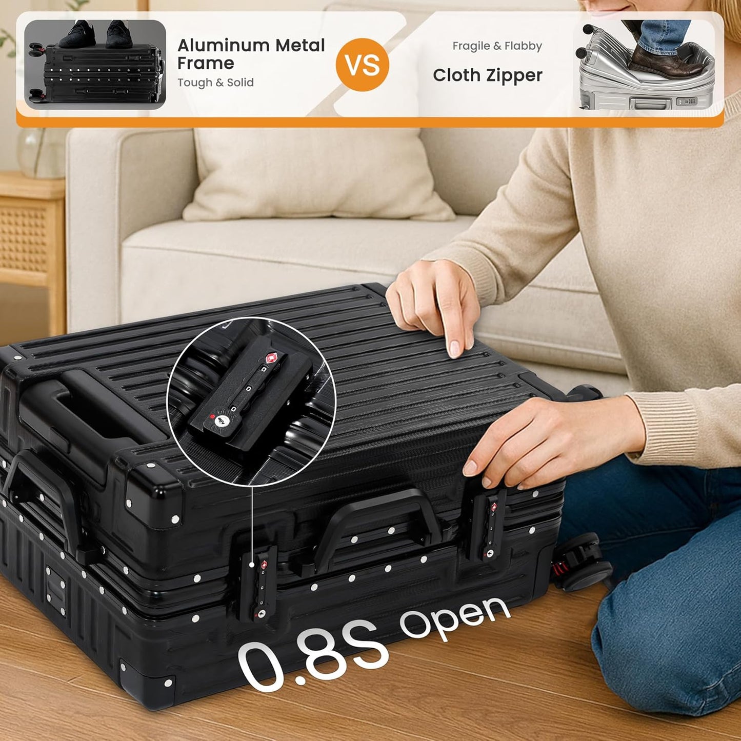 Carry On Luggage 22x14x9 Airline Approved, Zipperless Luggage Carry On, Hard Shell Suitcases with TSA Lock, Lightweight Carry On Suitcases with Aluminum Frame (black, 20inch)