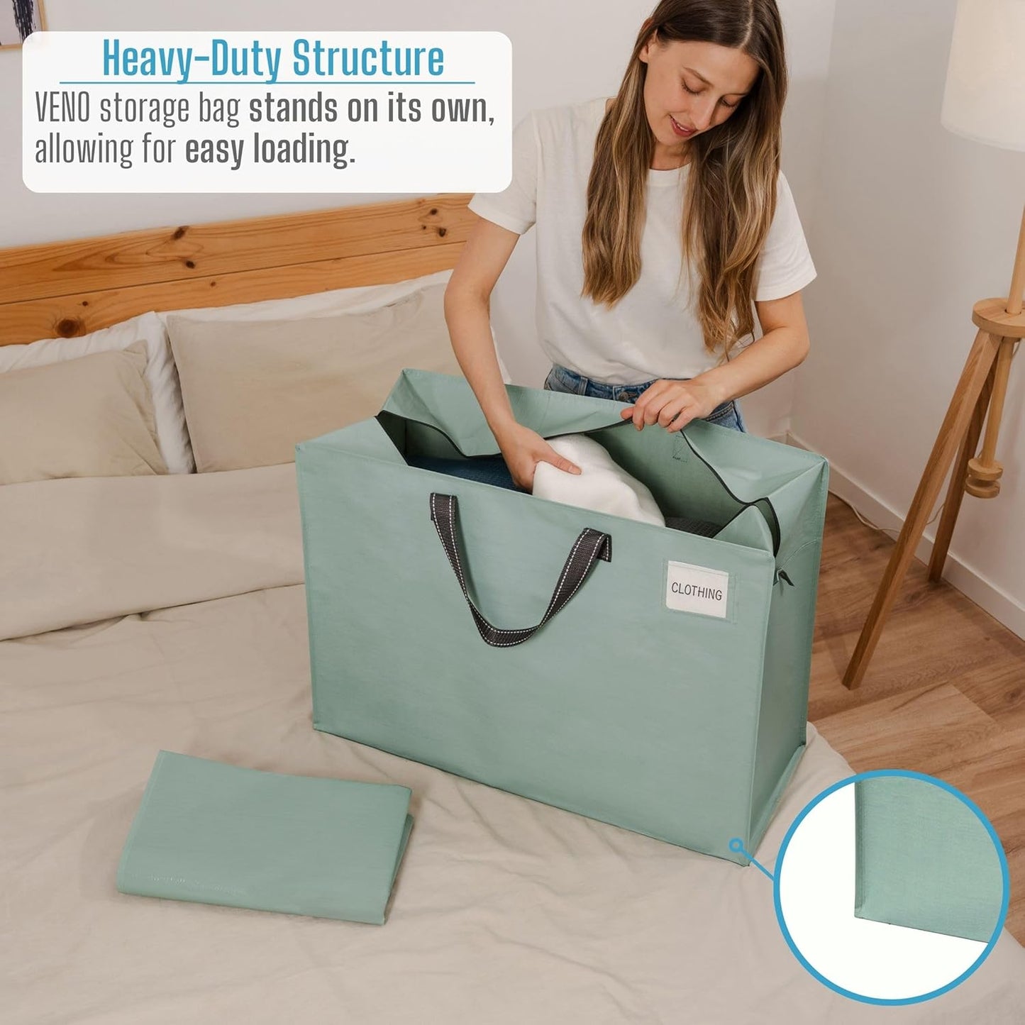 VENO 6 Pack Heavy Duty Moving Bags, Storage Bags, Packing Supplies, Top Zipper, Storage Totes for Camping, Clothes, Bedding, Comforters, Pillows (27 Gallon Light Green, 6 Pack)