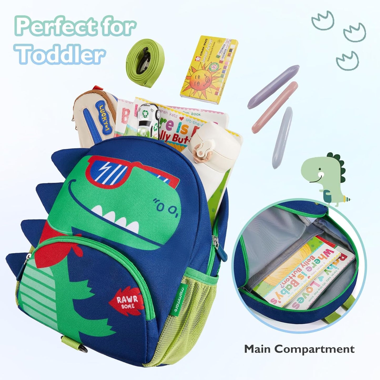 mommore Toddler Backpack for Boys 2-4, 3D Cartoon Cute Kids Dinosaur Backpack Water-Resistant Compact for Travel Preschool with Toddler Leash, Chest Buckle