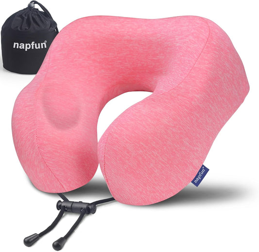 napfun Neck Pillow for Traveling, Upgraded Travel Neck Pillow for Airplane 100% Pure Memory Foam Travel Pillow for Flight Headrest Sleep, Portable Plane Accessories, Rose