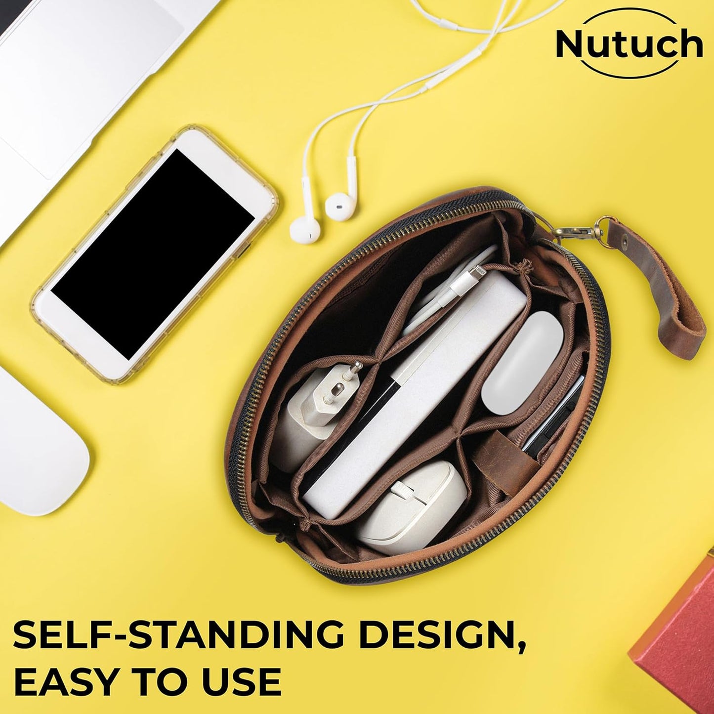 Leather Tech Pouch for Cables Chargers Phone | Tech Bag | Zipper Travel Accessory Pouch | Electronic Organizer Case Travel Bag (Large Vintage Dark Brown)