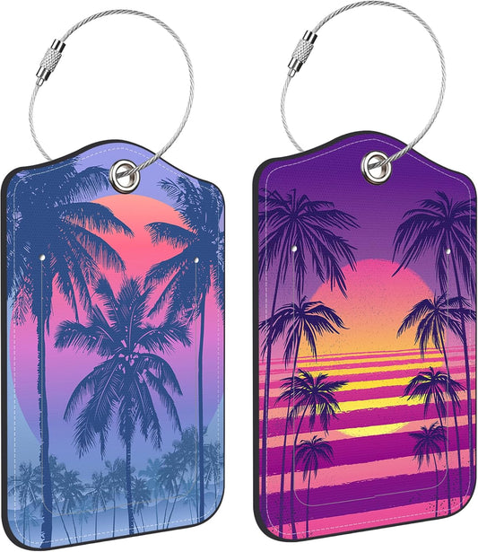 2 Pack Luggage Tag for Suitcase Sunset with Palm Trees Leather Suitcase Tags with Privacy Name ID Label and Stainless Steel Loop for Travel Bag