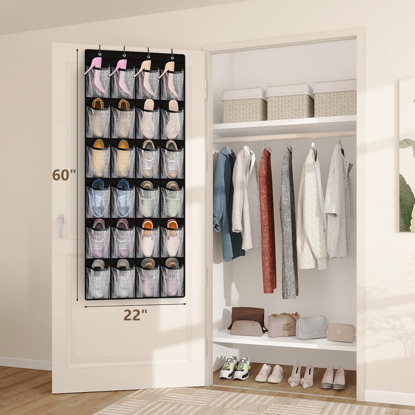 FENTEC 24 Pocket Over Door Shoe Organizer, Mesh Closet Shoe Holder, Black