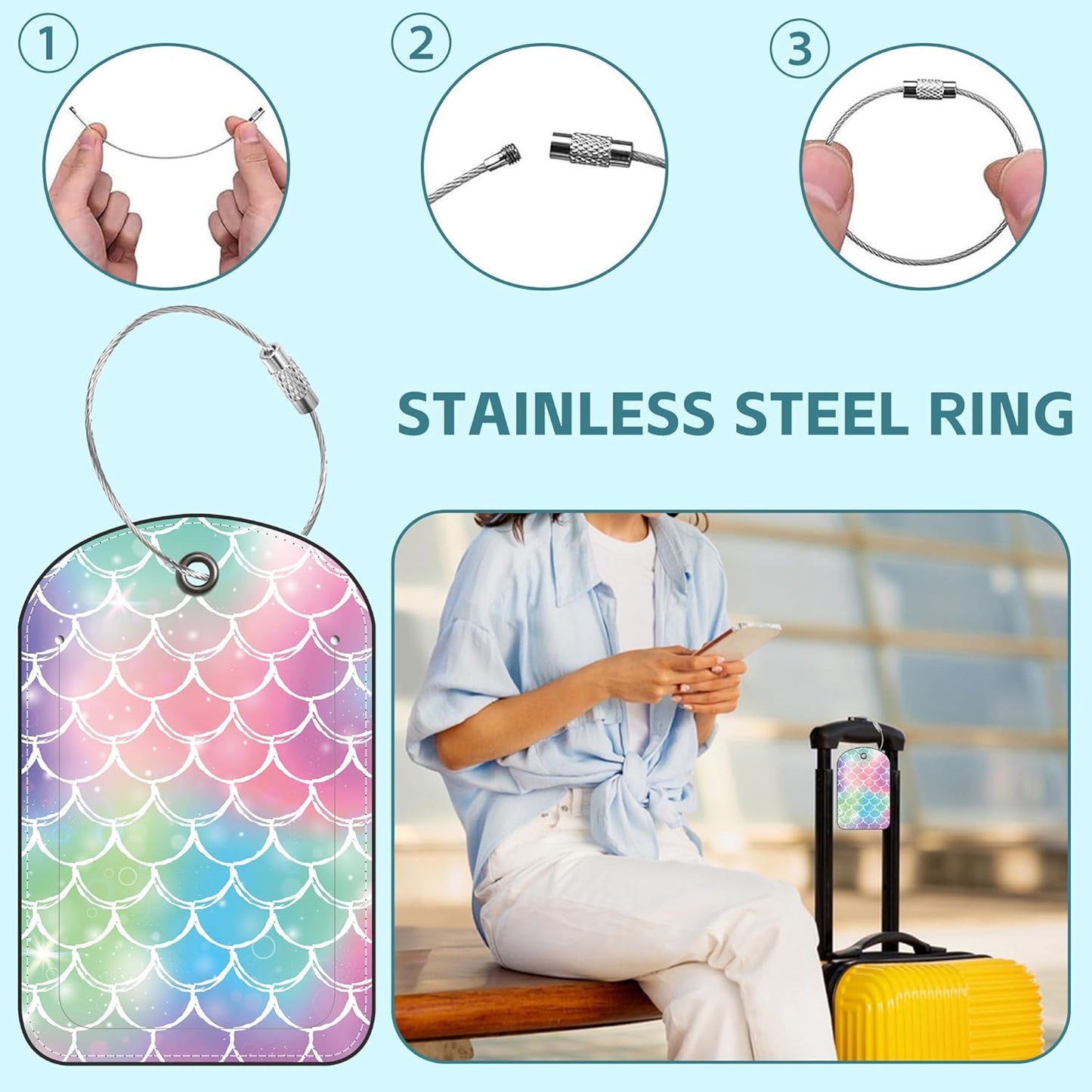 2 Pack Cute Luggage Tag for Suitcases Tie-dye Fish Scale Leather Luggage Tags with Stainless Steel Loop Privacy Flap Name Tags,Men and Women Travel Bag Suitcase Tags