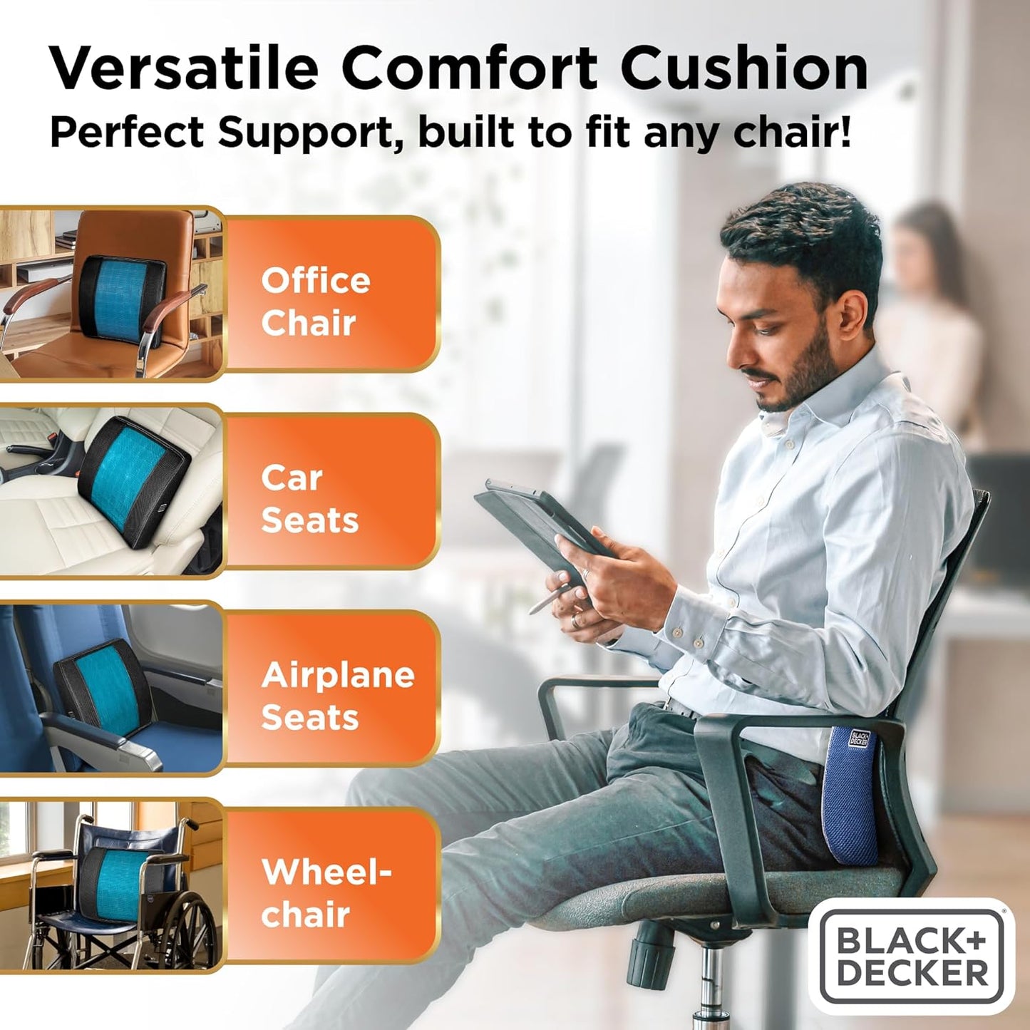 BLACK+DECKER Cooling Gel Lumbar Memory Foam Cushion – Ergonomic Back Support Travel Pillow with Ventilated Mesh, Adjustable Strap, Slow Rebound Memory Foam, Washable Cover