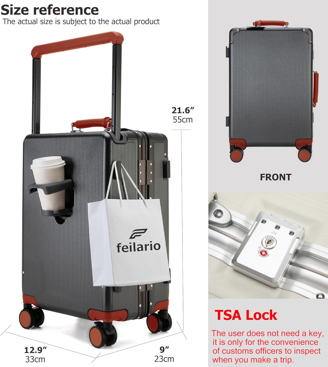 feilario 20'' Aluminum Frame Wide Handle PC Hardside Carry On Luggage - Double Spinner Wheels Luxury Rolling Travel Suitcase with TSA Lock & Cup Holder