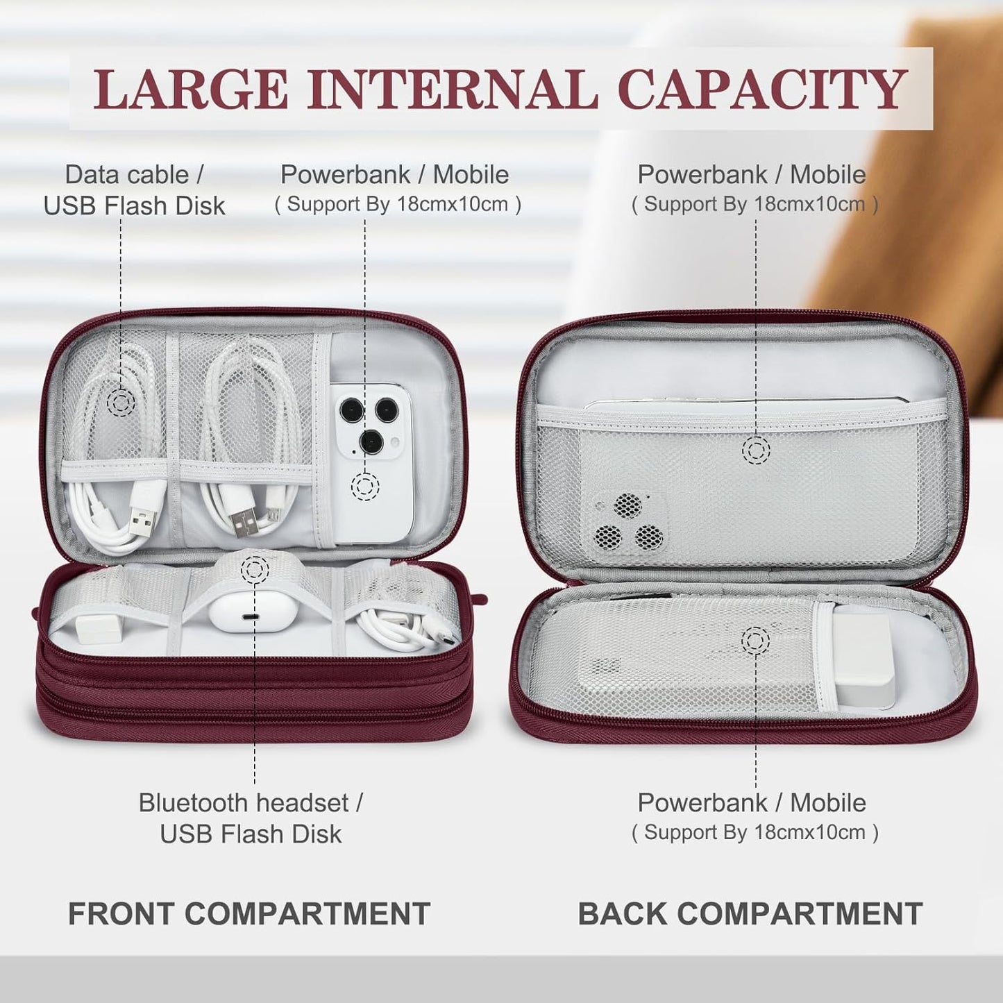 FYY Electronic Organizer, Travel Cable Organizer Bag Pouch Electronic Accessories Carry Case Portable Waterproof Double Layers Storage Bag for Cable, Charger, Phone, Earphone, Medium Size- Wine Red