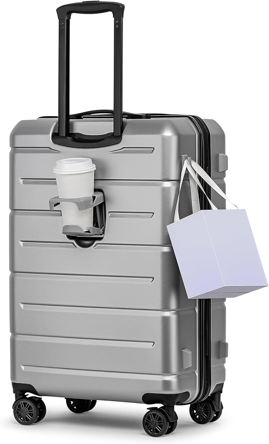 KYME Suitcases with Wheels Hardshell 26 Inch Luggage with TSA Lock Durable Medium Checked Travel Rolling Luggage with Cup Holder for Women Men Silver Grey